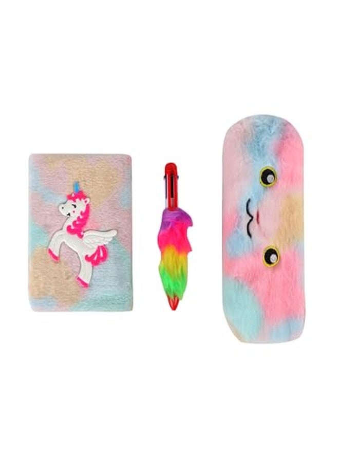 جيادا مجموعة أدوات مكتبية جيادا يونيكورن للبنات - تتضمن دفتر ملاحظات من الفرو، وحافظة أقلام من الفرو، و10 أقلام ملونة، لون وردي، مناسبة للأطفال من عمر 3 سنوات فما فوق - Image 2